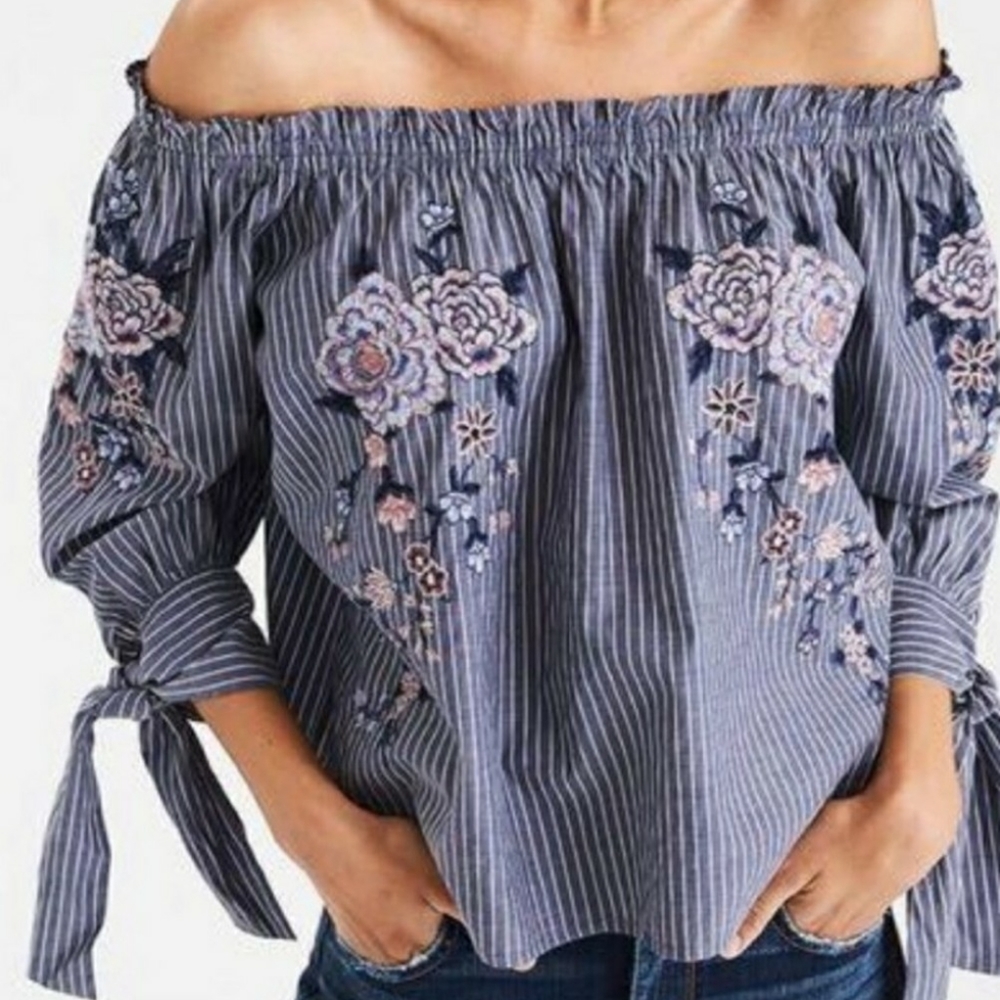 American Eagle embroidered striped blue blouse